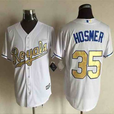 Royals #35 Eric Hosmer White New Cool Base 2015 World Series Champions Gold Program Stitched MLB Jersey