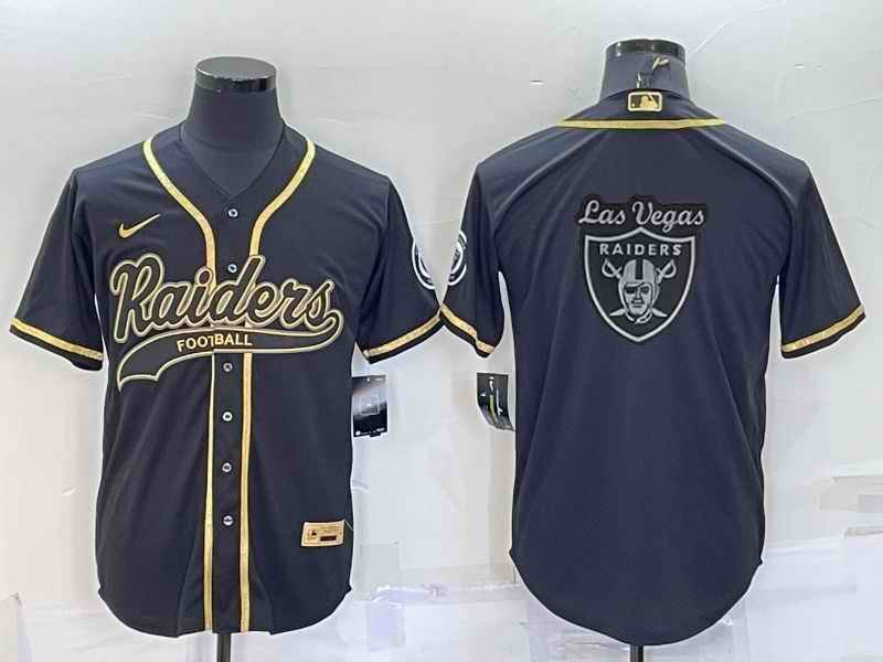 Men's Las Vegas Raiders Black Gold Team Big Logo With Patch Cool Base Stitched Baseball Jersey