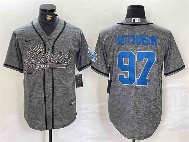 Men's Detroit Lions #97 Aidan Hutchinson Grey Cool Base Stitched Baseball Jersey