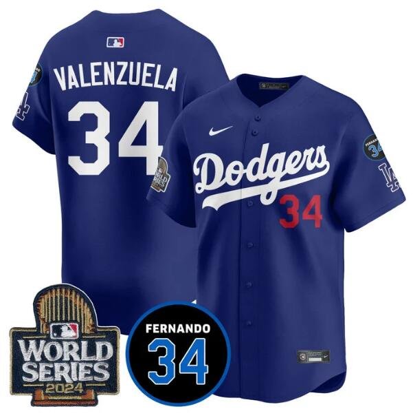 Men's Los Angeles Dodgers #34 Toro Valenzuela Royal 2024 World Series With Fernando Memorial Patch Limited Stitched Baseball Jersey