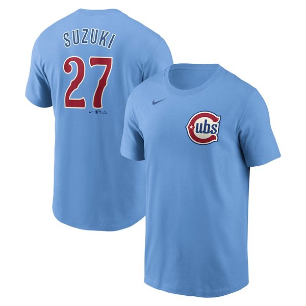 Men's Chicago Cubs #27 Seiya Suzuki Baby Blue Fuse Name & Number T-Shirt