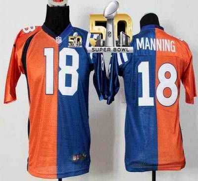 Nike Broncos #18 Peyton Manning Orange/Blue Super Bowl 50 Youth Stitched NFL Elite Split Colts Jersey