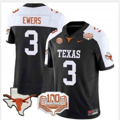 Men's Texas Longhorns #3 Quinn Ewers Black/White F.U.S.E 100 years of Darrell K Royal Map & SEC Patch Stitched Jersey