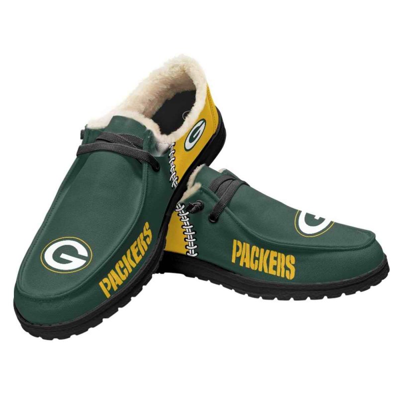 Women's Green Bay Packers Loafers Lace Up Fuzzy Lined Shoes 001 (Pls check description for details)