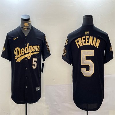 Men's Los Angeles Dodgers #5 Freddie Freeman Black/Gold 2024 World Series Champions With Fernando Memorial Patch Limited Stitched Baseball Jersey