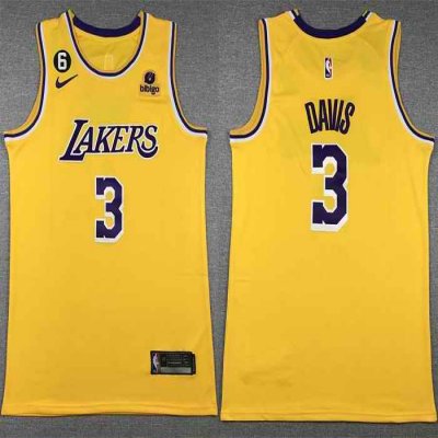 Men's Los Angeles Lakers #3 Anthony Davis Yellow Edition With NO.6 Patch Stitched Basketball Jersey 001