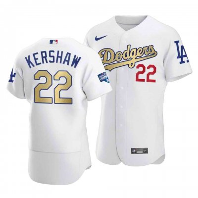 Men's Los Angeles Dodgers #22 Clayton Kershaw 2021 White Gold World Series Champions Patch Sttiched Jersey