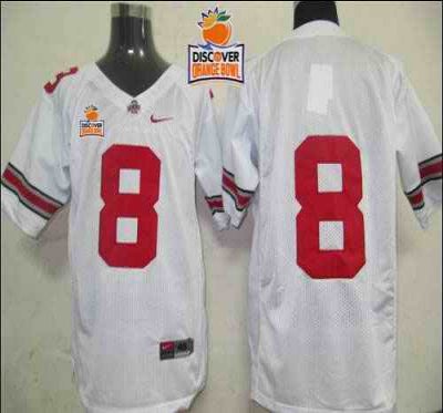 Buckeyes #8 White 2014 Discover Orange Bowl Patch Stitched NCAA Jersey