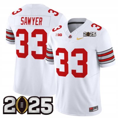 Men's Ohio State Buckeyes #33 Jack Sawyer White/Gold 2025 CFP Final Patch F.U.S.E. Vapor Limited Stitched Football Jersey