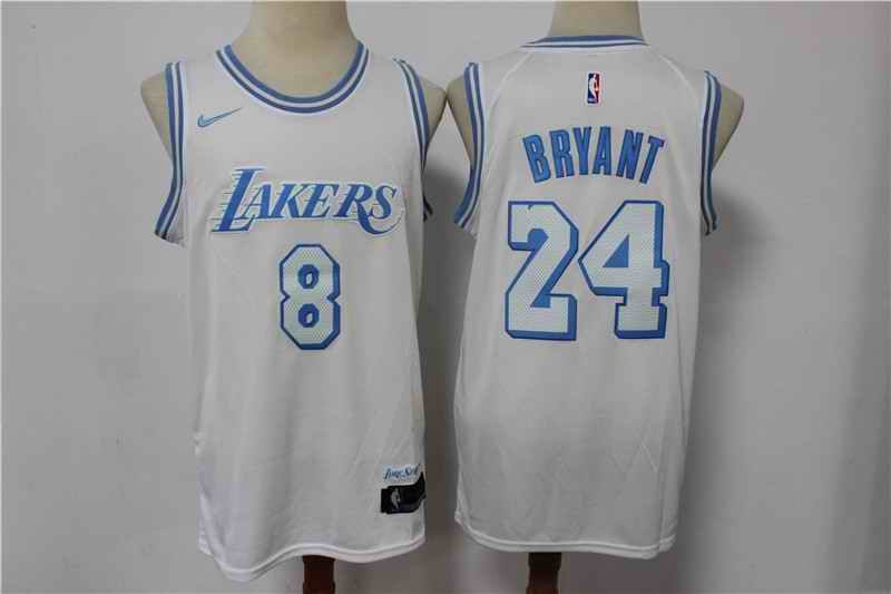 Men's Los Angeles Lakers Front #8 Back #24 Kobe Bryant White City Edition New Blue Silver Logo 2020-21 Stitched Jersey