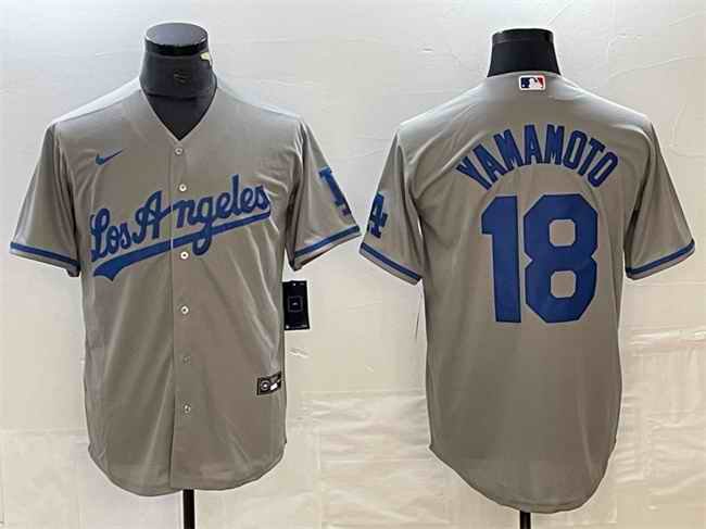 Men's Los Angeles Dodgers #18 Yoshinobu Yamamoto Grey Cool Base With Patch Stitched Baseball Jersey