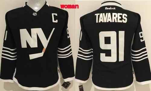 Islanders #91 John Tavares Black Alternate Women's Stitched NHL Jersey