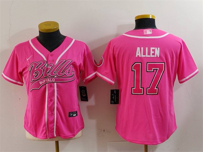 Youth Buffalo Bills #17 Josh Allen Pink With Patch Cool Base Stitched Baseball Jersey