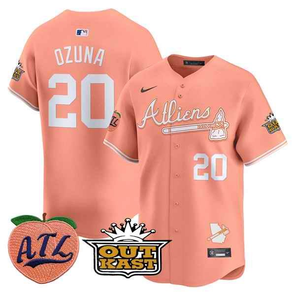 Men's Atlanta Braves #20 Marcell Ozuna Peach 2024 Atliens & Peach With Outkast Patch Vapor Limited Stitched Baseball Jersey