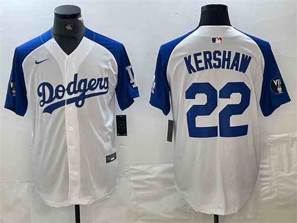 Men's Los Angeles Dodgers #22 Clayton Kershaw White/Blue Vin Patch Cool Base Stitched Baseball Jersey