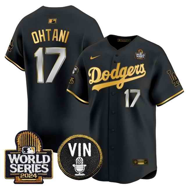 Men's Los Angeles Dodgers #17 Shohei Ohtani Black/Gold 2024 World Series Vin & Kobe Patch Limited Stitched Baseball Jersey