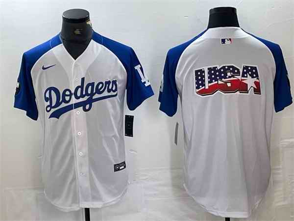 Men's Los Angeles Dodgers Team Big Logo White/Blue Vin Patch Cool Base Stitched Baseball Jersey