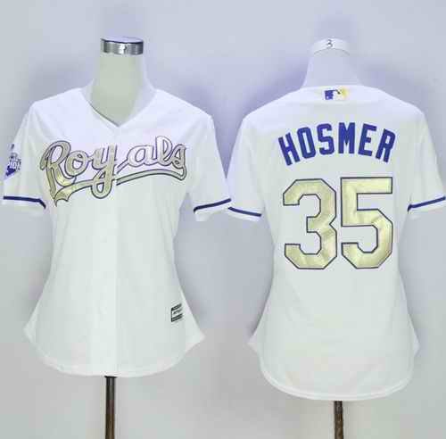 Royals #35 Eric Hosmer White 2015 World Series Champions Gold Program Cool Base Women's Stitched MLB Jersey