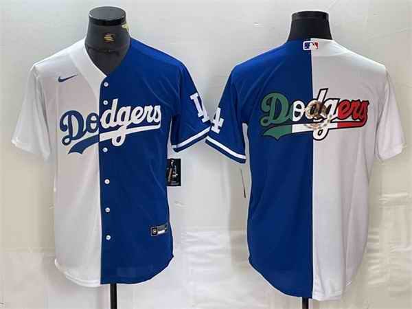 Men's Los Angeles Dodgers Team Big Logo White/Blue Split Cool Base Stitched Baseball Jersey