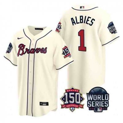 Men's Atlanta Braves #1 Ozzie Albies 2021 Cream World Series With 150th Anniversary Patch Cool Base Stitched Jersey