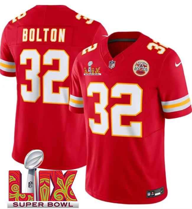 Men's Kansas City Chiefs #32 Nick Bolton Red 2025 Super Bowl LIX Patch F.U.S.E. Vapor Limited Stitched Football Jersey