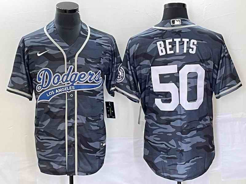 Men's Los Angeles Dodgers #50 Mookie Betts Gray Camo Cool Base With Patch Stitched Baseball Jersey