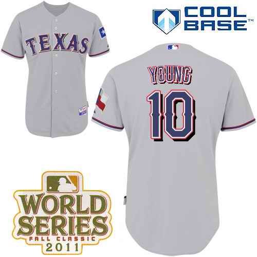 Rangers #10 Michael Young Grey Cool Base 2011 World Series Patch Stitched MLB Jersey