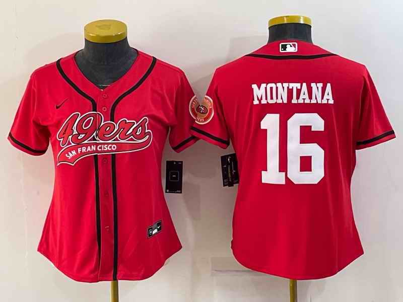 Women's San Francisco 49ers #16 Joe Montana Red With Patch Cool Base Stitched Baseball Jersey(Run Small)