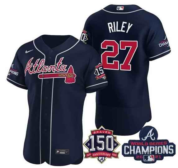 Men's Atlanta Braves #27 Austin Riley 2021 Navy World Series Champions With 150th Anniversary Flex Base Stitched Jersey