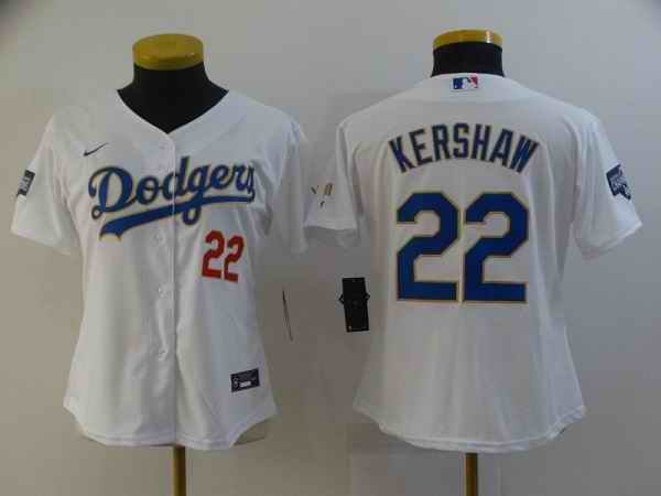 Women's Los Angeles Dodgers #22 Clayton Kershaw White Gold Championship Cool Base Stitched Jersey(Run Small)