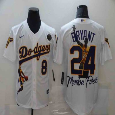 Men's Los Angeles Dodgers Front #8 Back #24 Kobe Bryant White With KB Patch Cool Base Stitched Jersey