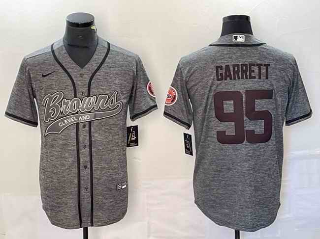 Men's Cleveland Browns #95 Myles Garrett Grey With Patch Cool Base Stitched Baseball Jersey