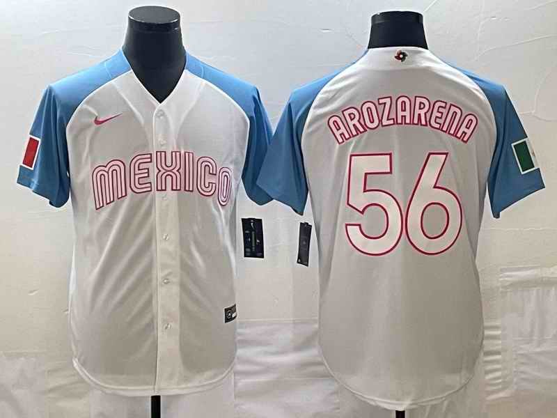 Men's Mexico Baseball #56 Randy Arozarena 2023 White Blue World Baseball Classic Stitched Jersey