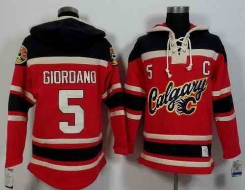 Flames #5 Mark Giordano Red/Black Sawyer Hooded Sweatshirt Stitched NHL Jersey