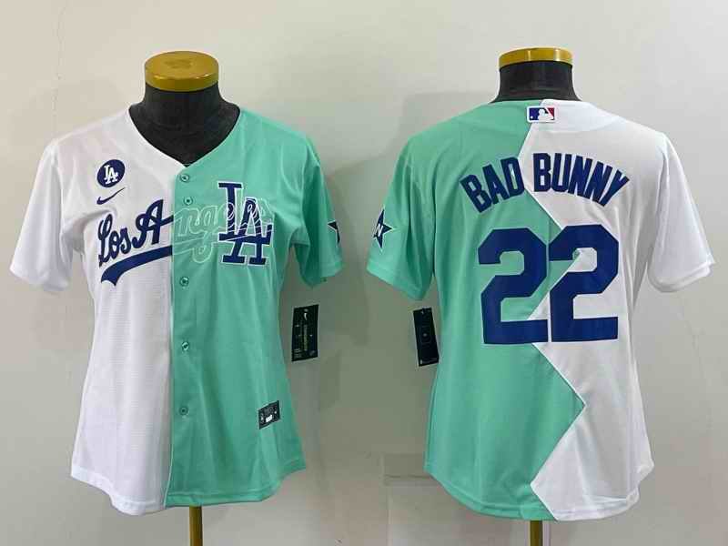 Women's Los Angeles Dodgers #22 Bad Bunny 2022 All-Star White/Green Split Stitched Baseball Jersey(Run Small)