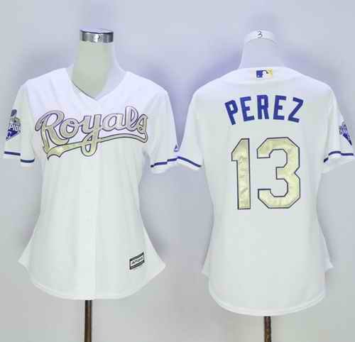 Royals #13 Salvador Perez White 2015 World Series Champions Gold Program Cool Base Women's Stitched MLB Jersey