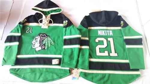 Blackhawks #21 Stan Mikita Green St. Patrick's Day McNary Lace Hoodie Stitched NHL Jersey