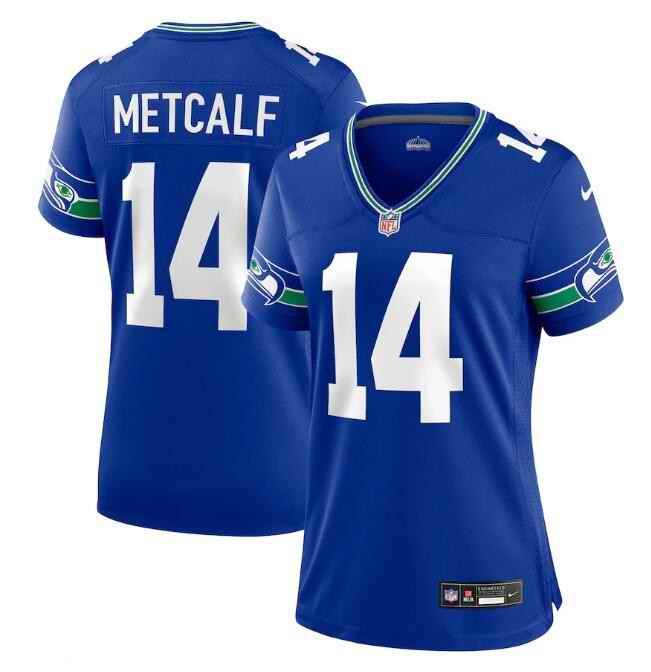 Women's Seattle Seahawks #14 D.K. Metcalf Royal Throwback Player Stitched Game Jersey(Run Small)