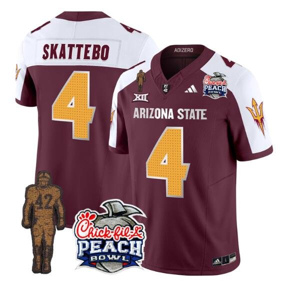 Men's Arizona State Sun Devils #4 Cam Skattebo 2024 F.U.S.E. Maroon/White Pat Tillman & Peach Bowl Patch Vapor Limited Stitched Jersey