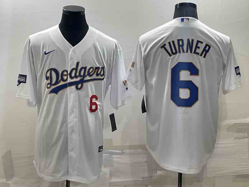 Men's Los Angeles Dodgers #6 Trea Turner White Gold Championship Cool Base Stitched Baseball Jersey