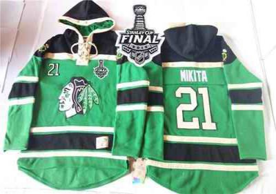 Blackhawks #21 Stan Mikita Green St. Patrick's Day McNary Lace Hoodie 2015 Stanley Cup Stitched NHL Jersey