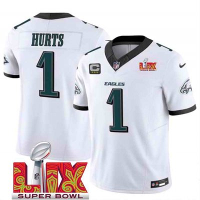 Men's Philadelphia Eagles #1 Jalen Hurts White 2025 Super Bowl LIX Patch And 3-Star C Patch New F.U.S.E. Vapor Untouchable Limited Stitched Football Jersey