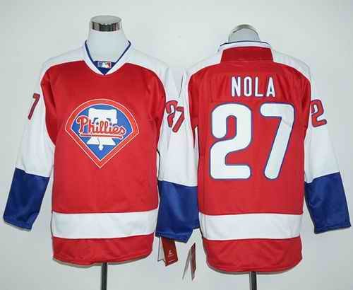 Phillies #27 Aaron Nola Red Long Sleeve Stitched MLB Jersey