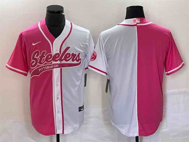 Men's Pittsburgh Steelers Blank White Pink Split Cool Base Stitched Baseball Jersey