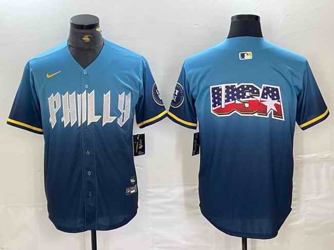 Men's Philadelphia Phillies Blue Team Big Logo 2024 City Connect Limited Stitched Baseball Jersey