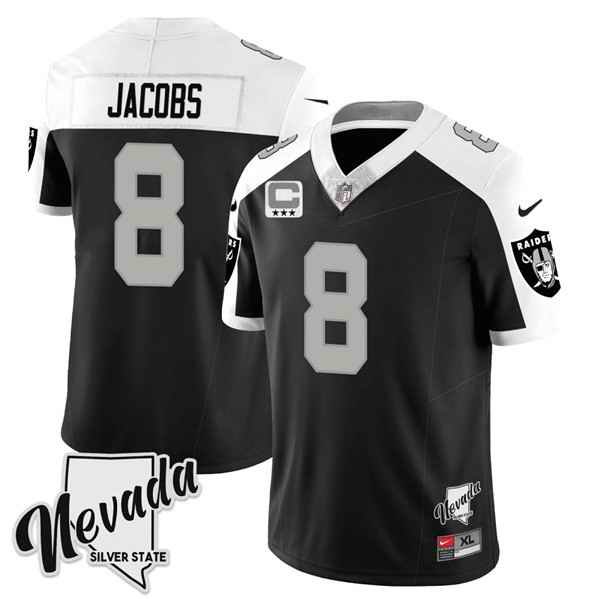 Men's Las Vegas Raiders #8 Josh Jacobs Black/White 2023 F.U.S.E Nevada Silver Stat With 3-Star C patch Stitched Football Jersey