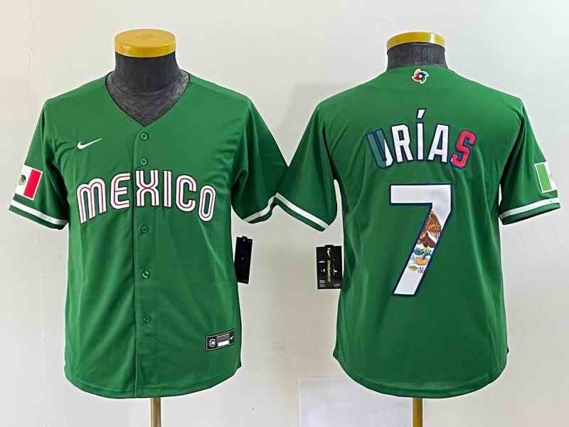 Youth Mexico Baseball #7 Julio Ur'as 2023 Green World Baseball Classic With Patch Stitched Jersey