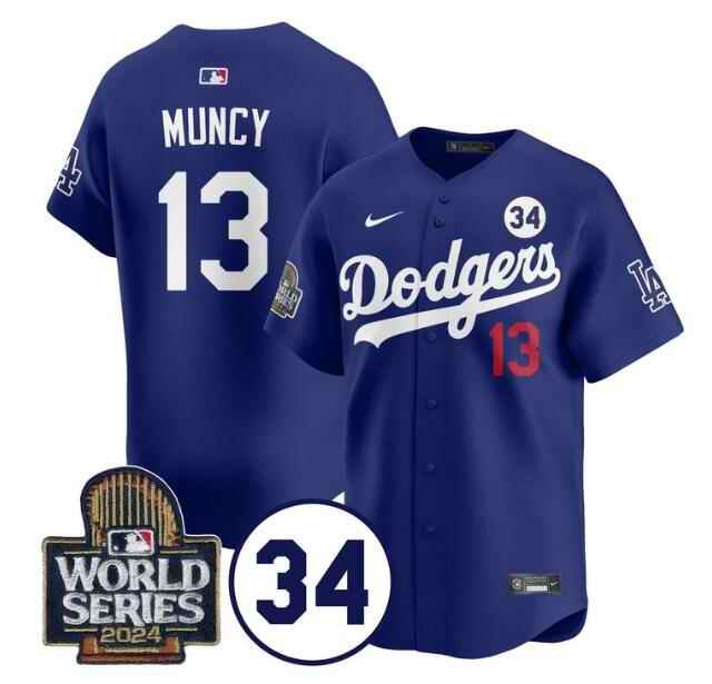 Men's Los Angeles Dodgers #13 Max Muncy Royal 2024 World Series With No. 34 Patch Limited Stitched Baseball Jersey