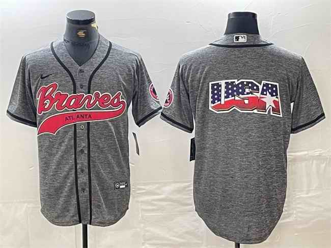 Men's Atlanta Braves Gray Team Big Logo Cool Base With Patch Stitched Baseball Jersey