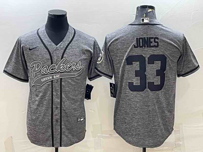 Men's Green Bay Packers #33 Aaron Jones Grey With Patch Cool Base Stitched Baseball Jersey